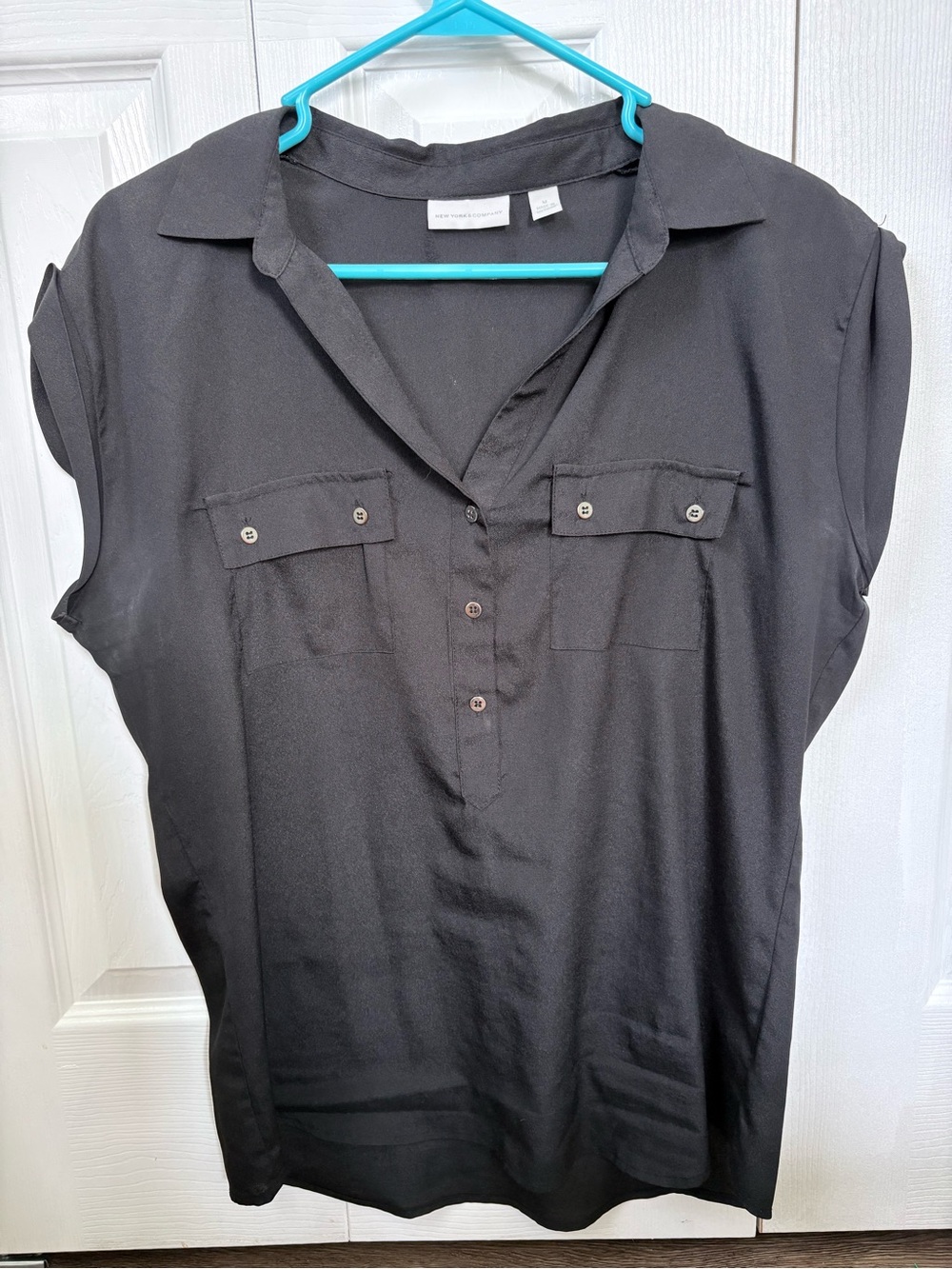 New York & Company Black Short-Sleeve Half Button Front Blouse